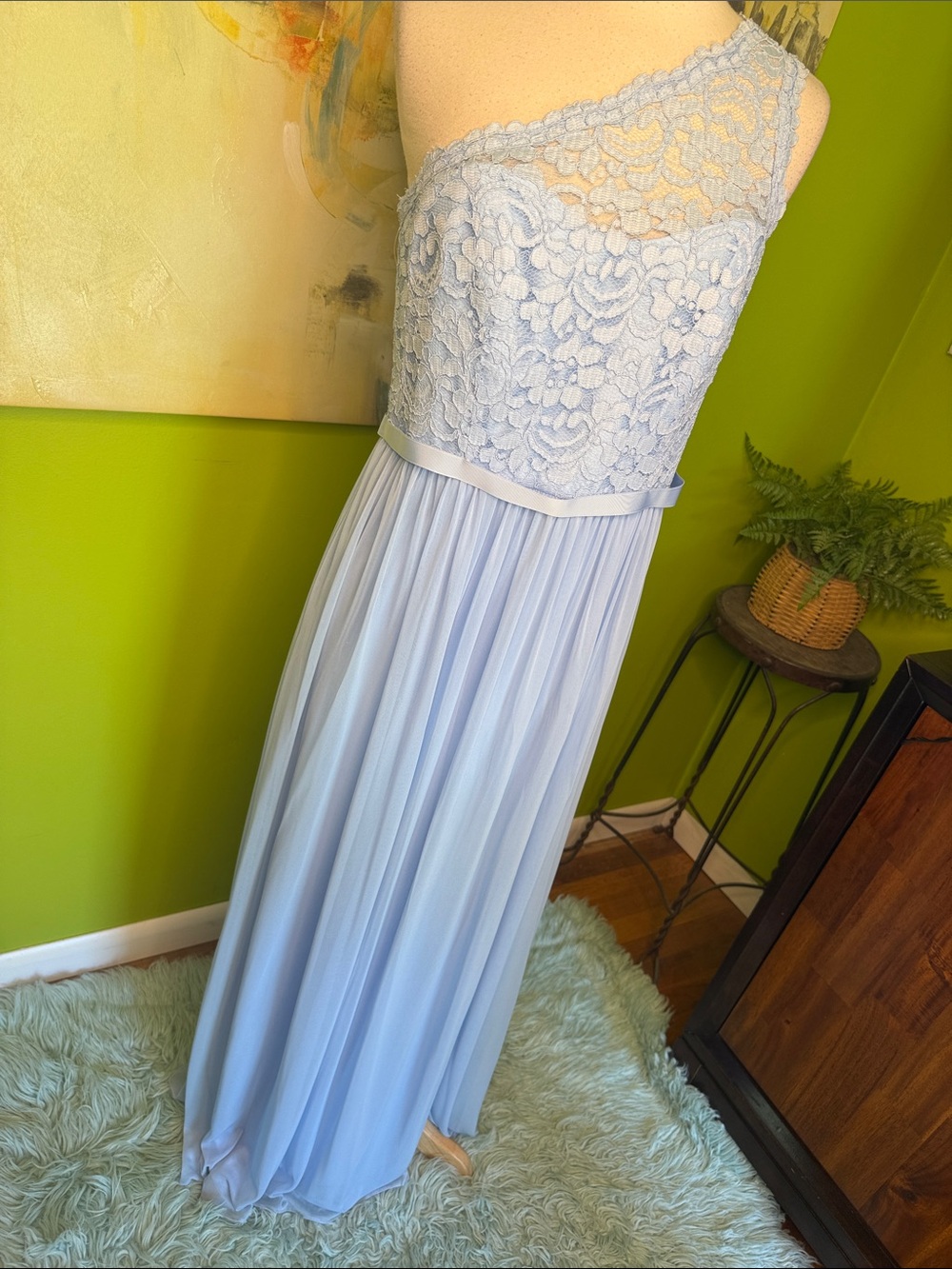 David's Bridal Powder Blue One-Shoulder Lace & Chiffon Gown